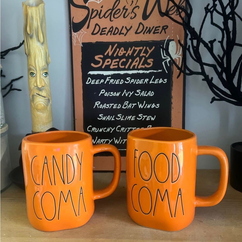 2 Halloween Rae Dunn orange mugs candy coma & food coma